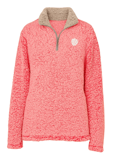 Pink fleece pullover with a logo on a white background